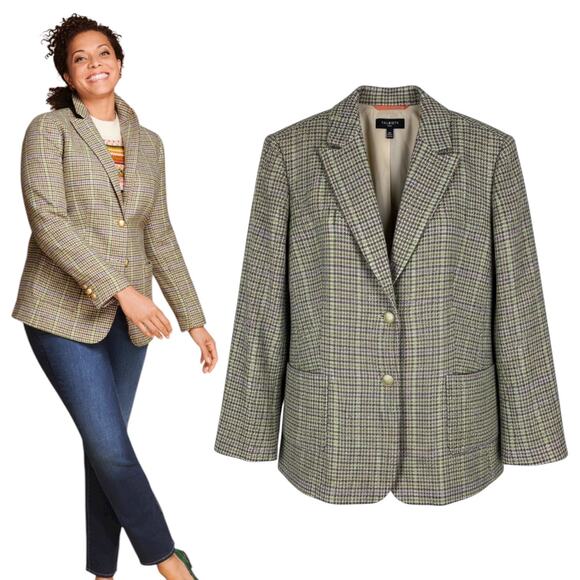 Talbots Classic Shetland Wool Blend Houndstooth Blazer Green Size 20W - Picture 1 of 11